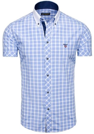 Vyriški elegantiški languoti marškiniai trumpomis rankovėmis, mėlyni Bolf 5531