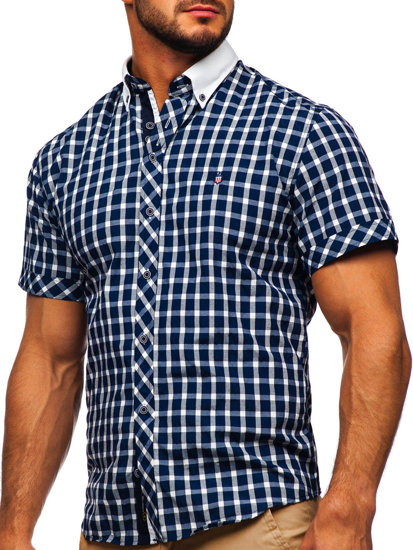 Vyriški elegantiški languoti marškiniai trumpomis rankovėmis, tamsiai mėlyni Bolf 5531