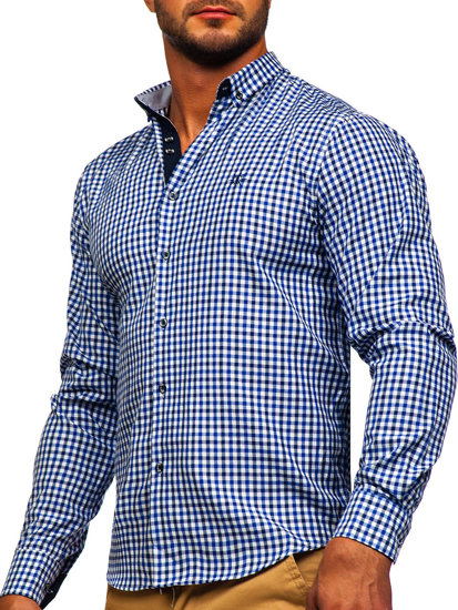 Vyriški elegantiški languoti vichy marškiniai ilgomis rankovėmis tamsiai mėlyni Bolf 4712
