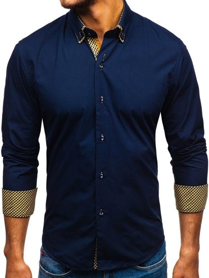 Vyriški elegantiški marškiniai ilgomis rankovėmis tamsiai mėlyni Bolf 4708