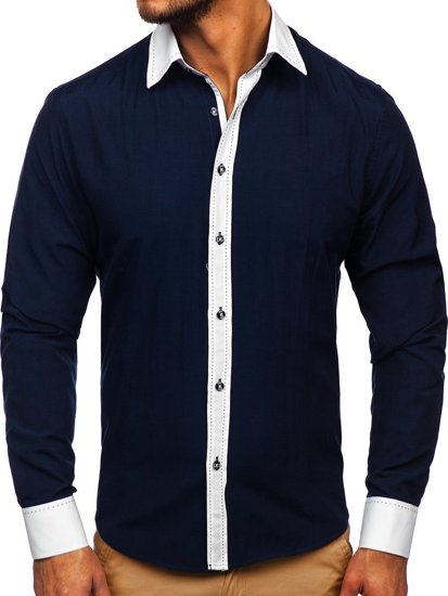 Vyriški elegantiški marškiniai ilgomis rankovėmis tamsiai mėlyni Bolf 6882