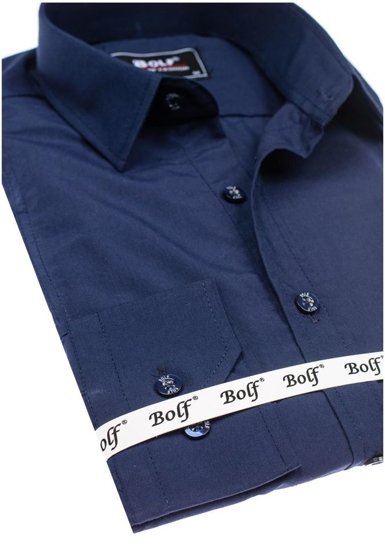 Vyriški elegantiški marškiniai ilgomis rankovėmis tamsiai mėlyni Bolf 6944