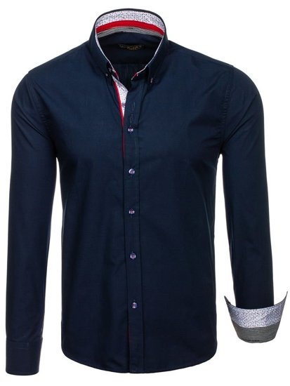 Vyriški elegantiški marškiniai ilgomis rankovėmis tamsiai mėlyni Bolf 8839