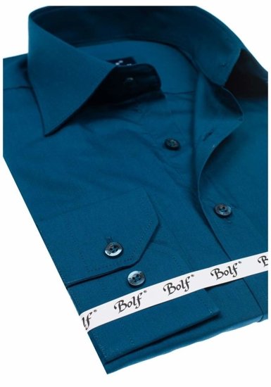 Vyriški elegantiški marškiniai ilgomis rankovėmis žalsvai mėlyni Bolf 1703