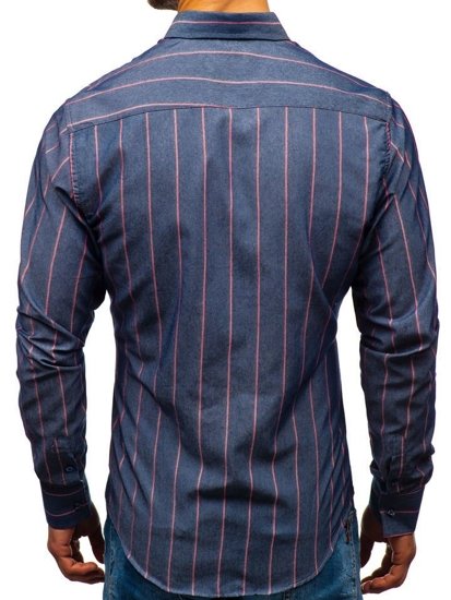 Vyriški marškiniai dryžuoti ilgomis rankovėmis tamsiai mėlyni Bolf 8837