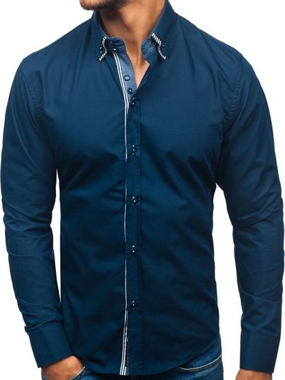 Vyriški marškiniai ilgomis rankovėmis tamsiai mėlyni Bolf 2774
