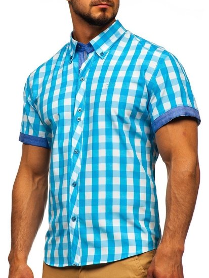 Vyriški marškiniai languoti trumpomis rankovėmis turkio spalvos Bolf 6522