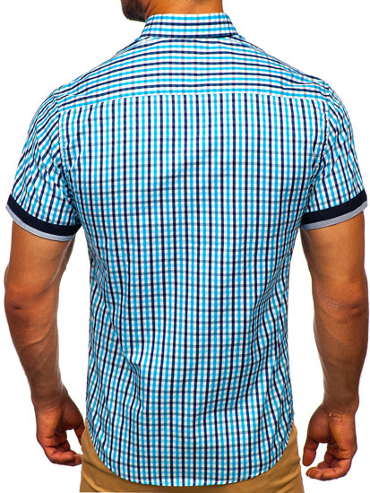 Vyriški marškiniai trumpomis rankovėmis languoti turkio spalvos Bolf 4510