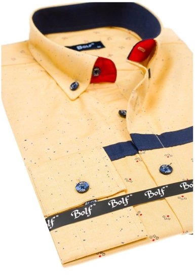 Vyriški raštuoti marškiniai ilgomis rankovėmis geltoni Bolf 6903
