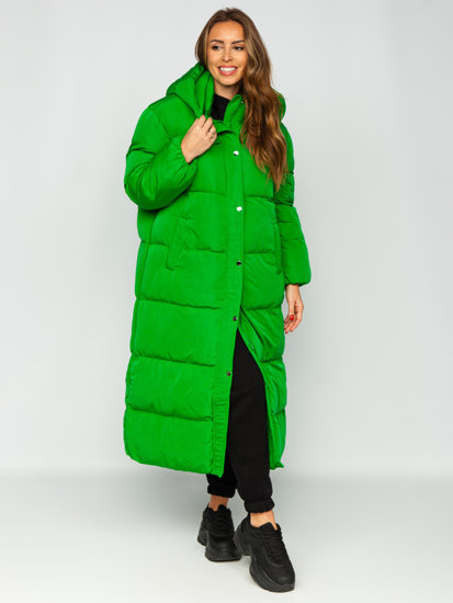 Žalia ilga dygsniuota moteriška žieminė striukė su gobtuvu Bolf R6702