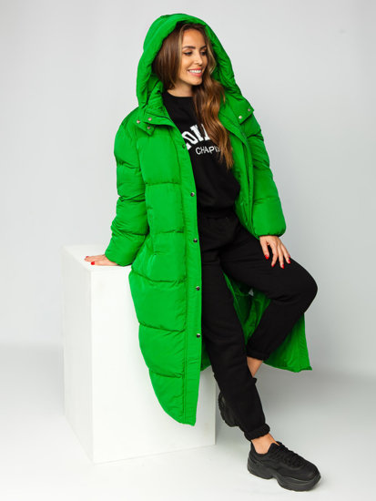 Žalia ilga dygsniuota moteriška žieminė striukė su gobtuvu Bolf R6702