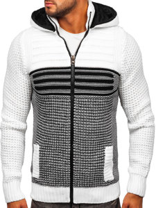 Baltas storas vyriškas užsegamas megztinis su gobtuvu Bolf 2048