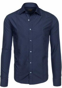 Elegentiški vyriški marškiniai ilgomis rankovėmis tamsiai mėlyni Bolf 4705G
