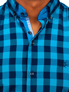 Juodi su mėlyna vyriški languoti marškiniai trumpomis rankovėmis Bolf 4508