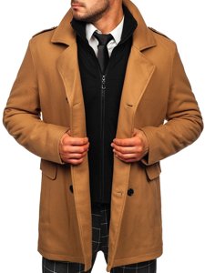 Šviesiai rudas dvieilis vyriškas žieminis paltas su nusegama papildoma apykakle Bolf 8805