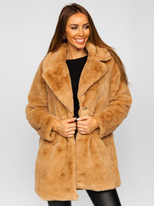 Šviesiai rudas moteriškas paltas su kailio imitacija Bolf 21131
