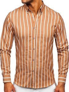 Šviesiai rudi vyriški dryžuoti marškiniai ilgomis rankovėmis Bolf 20730