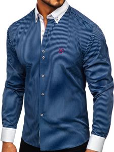 Vyriški dryžuoti marškiniai ilgomis rankovėmis tamsiai mėlyni Bolf 9717