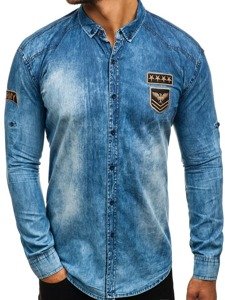 Vyriški džinsiniai marškiniai ilgomis rankovėmis mėlyni Bolf 0992