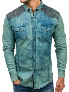 Vyriški džinsiniai marškiniai su raštais ilgomis rankovėmis tamsiai mėlyni su pilka Bolf 0517-1