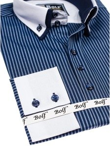 Vyriški elegantiški dryžuoti marškinėliai ilgomis rankovėmis tamsiai mėlyni Bolf 0909