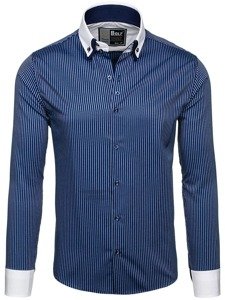 Vyriški elegantiški dryžuoti marškinėliai ilgomis rankovėmis tamsiai mėlyni Bolf 0909