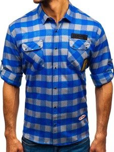 Vyriški flaneliniai marškiniai ilgomis rankovėmis mėlyni su pilka Bolf 2503