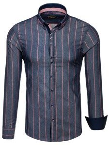 Vyriški marškiniai dryžuoti ilgomis rankovėmis tamsiai mėlyni Bolf 8837